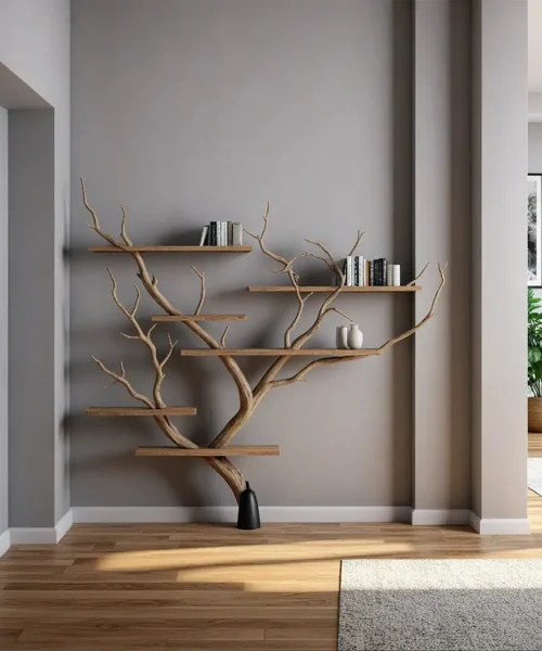 Rustic Tree Branch Floating Shelves Perfect for Wall-Mounted Books and Decorative Displays