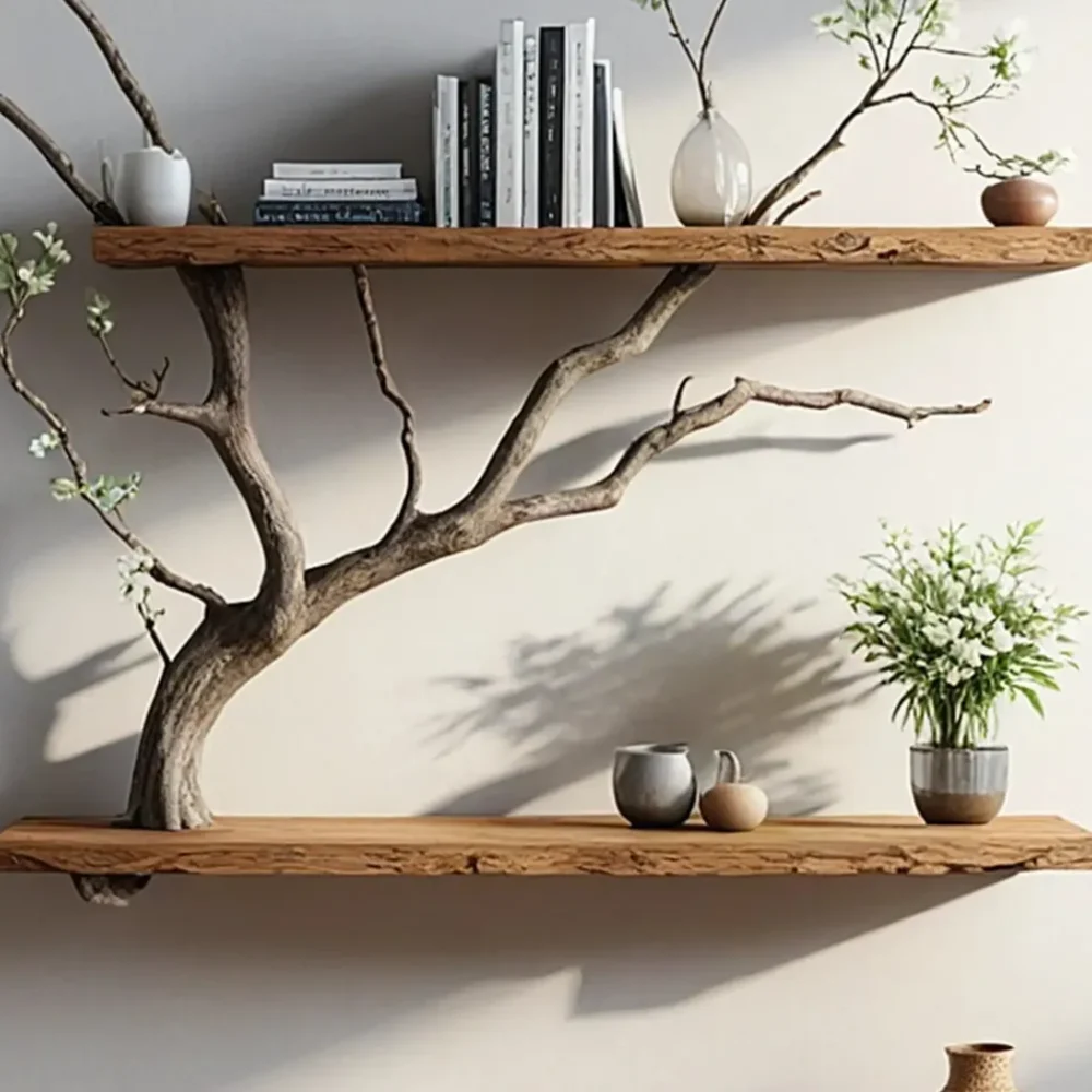 Natural wooden art branch bookshelf next to a unique floating corner bookshelf decorates the home. - Image 2
