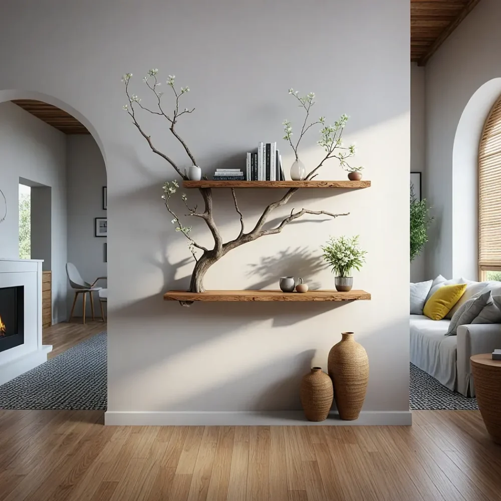 Natural wooden art branch bookshelf next to a unique floating corner bookshelf decorates the home. - Image 3
