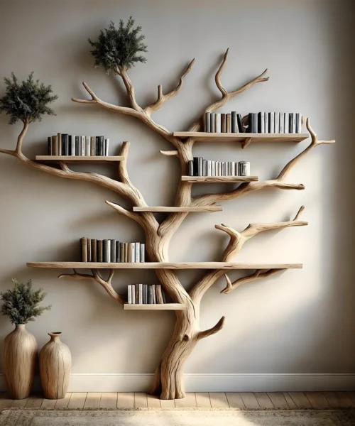 Natural wooden tree-shaped bookshelf decorates the living room with tree branches and solid wood furniture