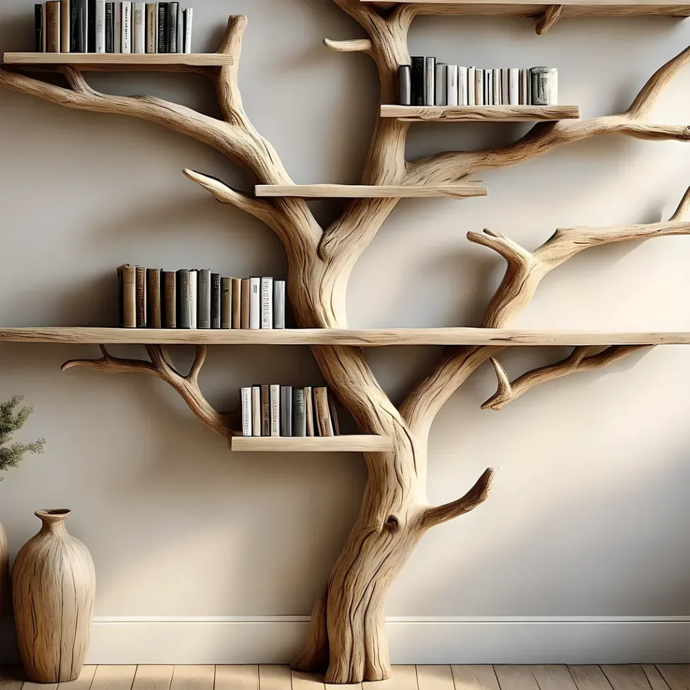 Natural wooden tree-shaped bookshelf decorates the living room with tree branches and solid wood furniture - Image 2