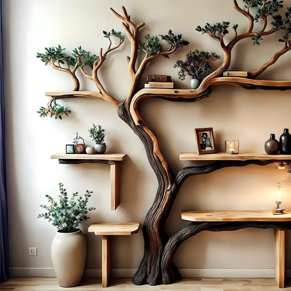 Handmade natural wooden tree branch bookshelf, children's room bookshelf, gift - Image 2