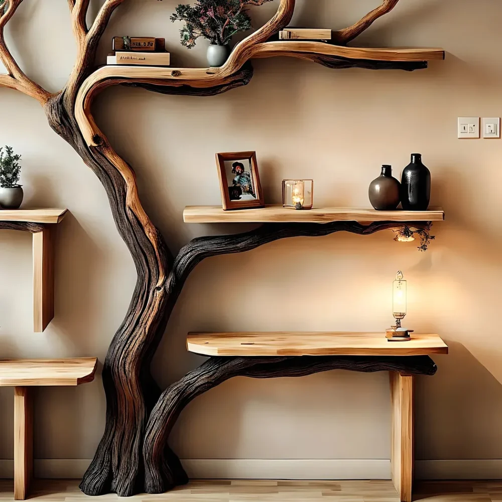 Handmade natural wooden tree branch bookshelf, children's room bookshelf, gift - Image 5