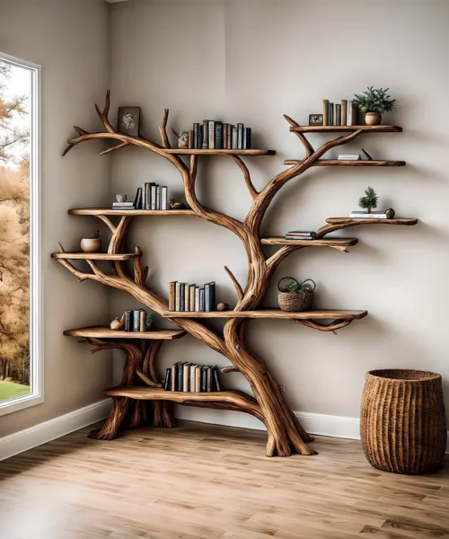 Handmade wooden bookshelf, Tree branch bookshelf, Living room decoration, Office decoration, Natural wood, Floating shelf