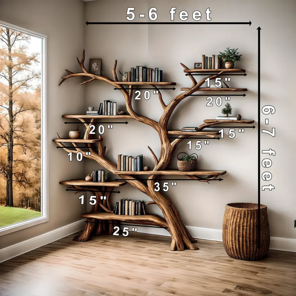 Handmade wooden bookshelf, Tree branch bookshelf, Living room decoration, Office decoration, Natural wood, Floating shelf - Image 2