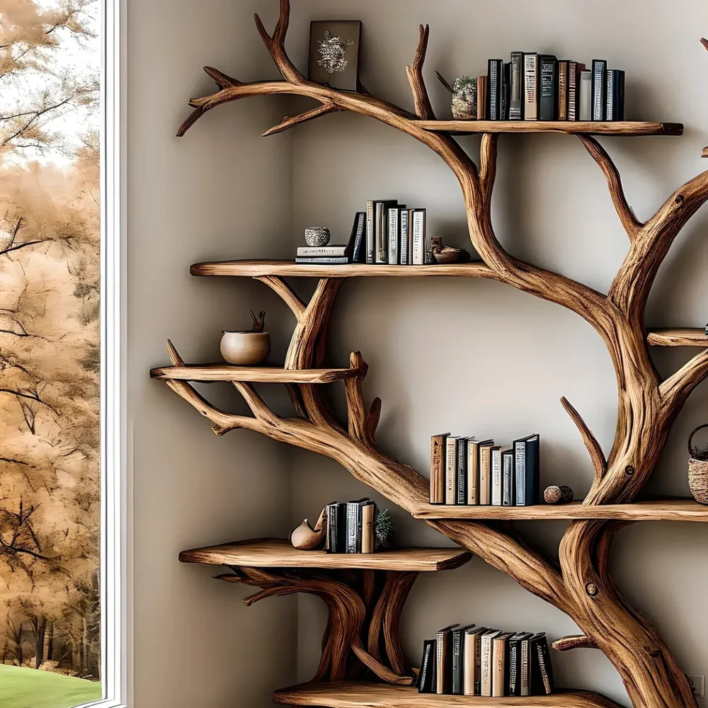 Handmade wooden bookshelf, Tree branch bookshelf, Living room decoration, Office decoration, Natural wood, Floating shelf - Image 3