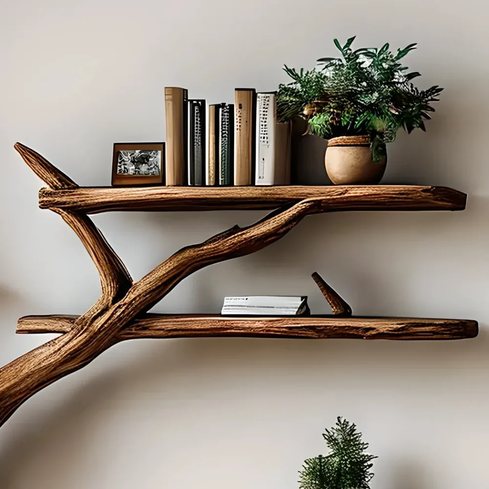 Handmade wooden bookshelf, Tree branch bookshelf, Living room decoration, Office decoration, Natural wood, Floating shelf - Image 4