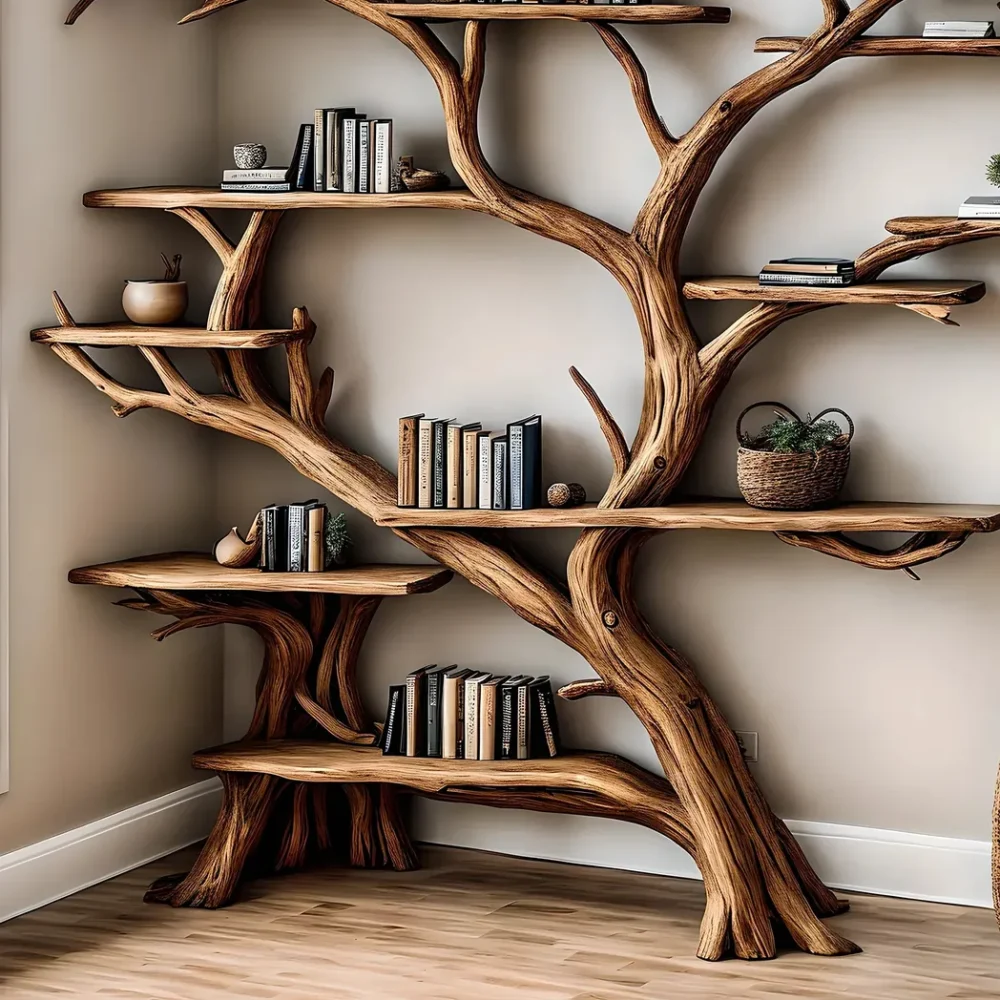 Handmade wooden bookshelf, Tree branch bookshelf, Living room decoration, Office decoration, Natural wood, Floating shelf - Image 5