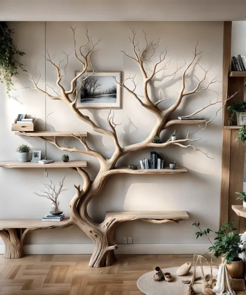 Handmade tree branch bookshelf, natural wood, preschool bookshelf, children's room bookshelf, solid wood