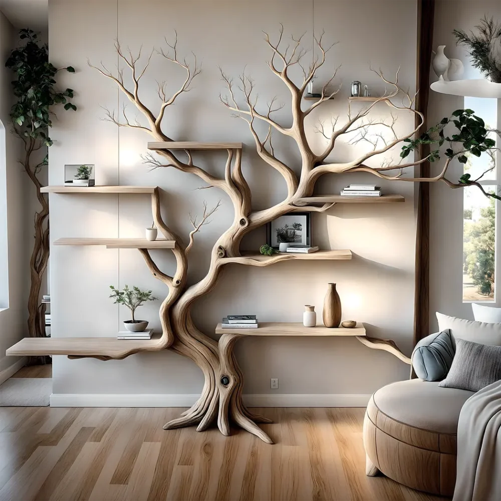 Handmade wooden bookshelf, Tree branch bookshelf, Living room decoration, Office decoration, Natural wood, Floating shelf