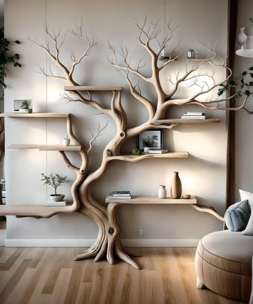 Handmade wooden bookshelf, Tree branch bookshelf, Living room decoration, Office decoration, Natural wood, Floating shelf