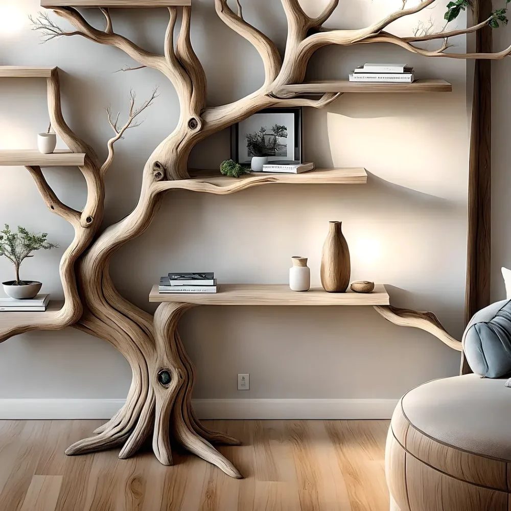 Handmade wooden bookshelf, Tree branch bookshelf, Living room decoration, Office decoration, Natural wood, Floating shelf - Image 2