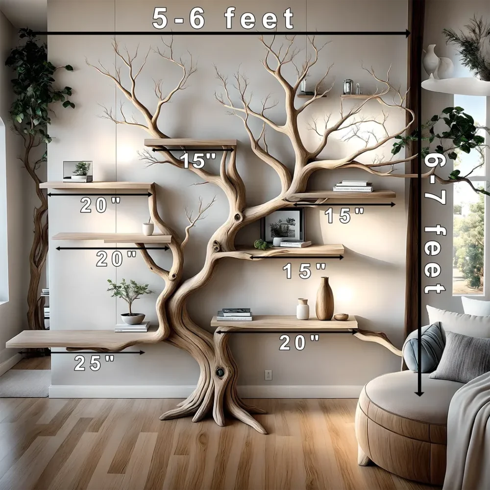 Handmade wooden bookshelf, Tree branch bookshelf, Living room decoration, Office decoration, Natural wood, Floating shelf - Image 3