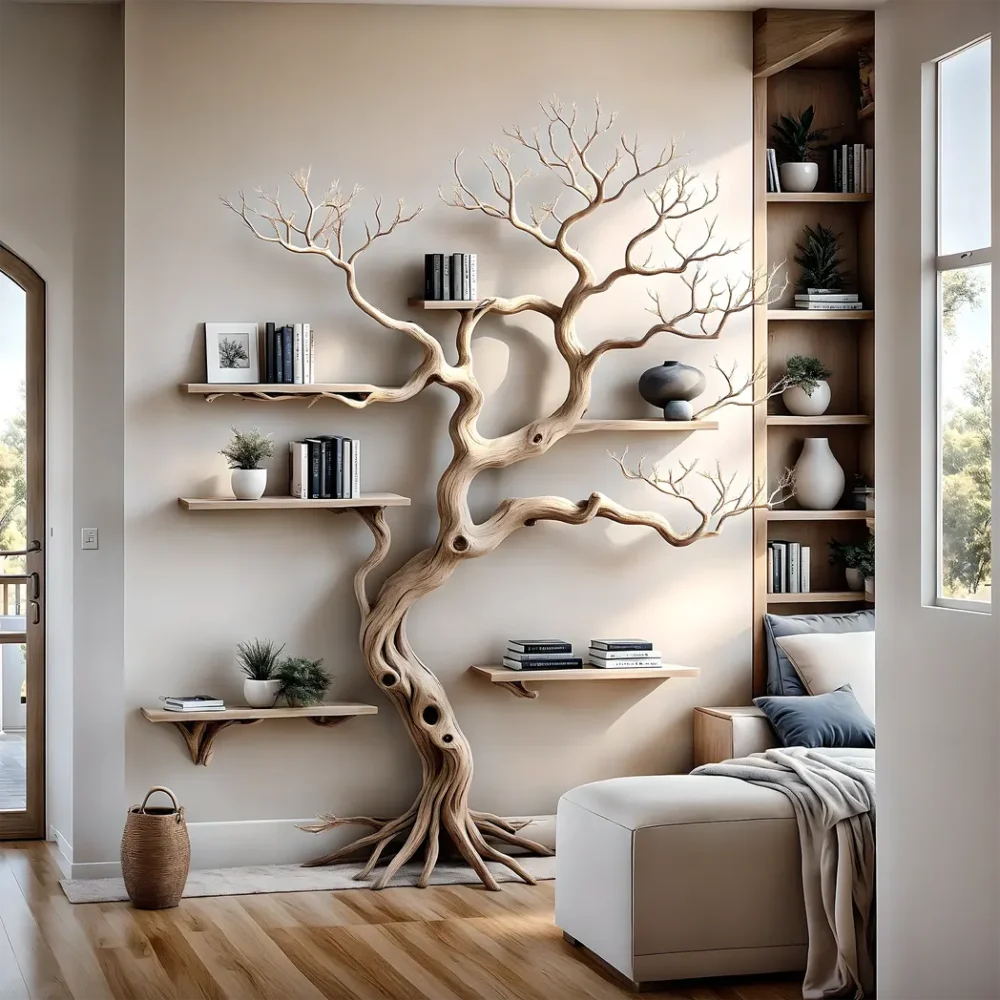 Handmade tree branch bookshelf, natural wood, preschool bookshelf, children's room bookshelf, solid wood floating shelf