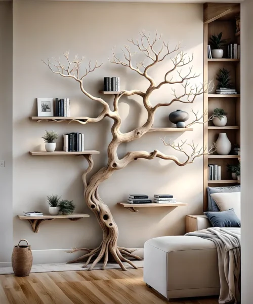 Handmade tree branch bookshelf, natural wood, preschool bookshelf, children's room bookshelf, solid wood floating shelf