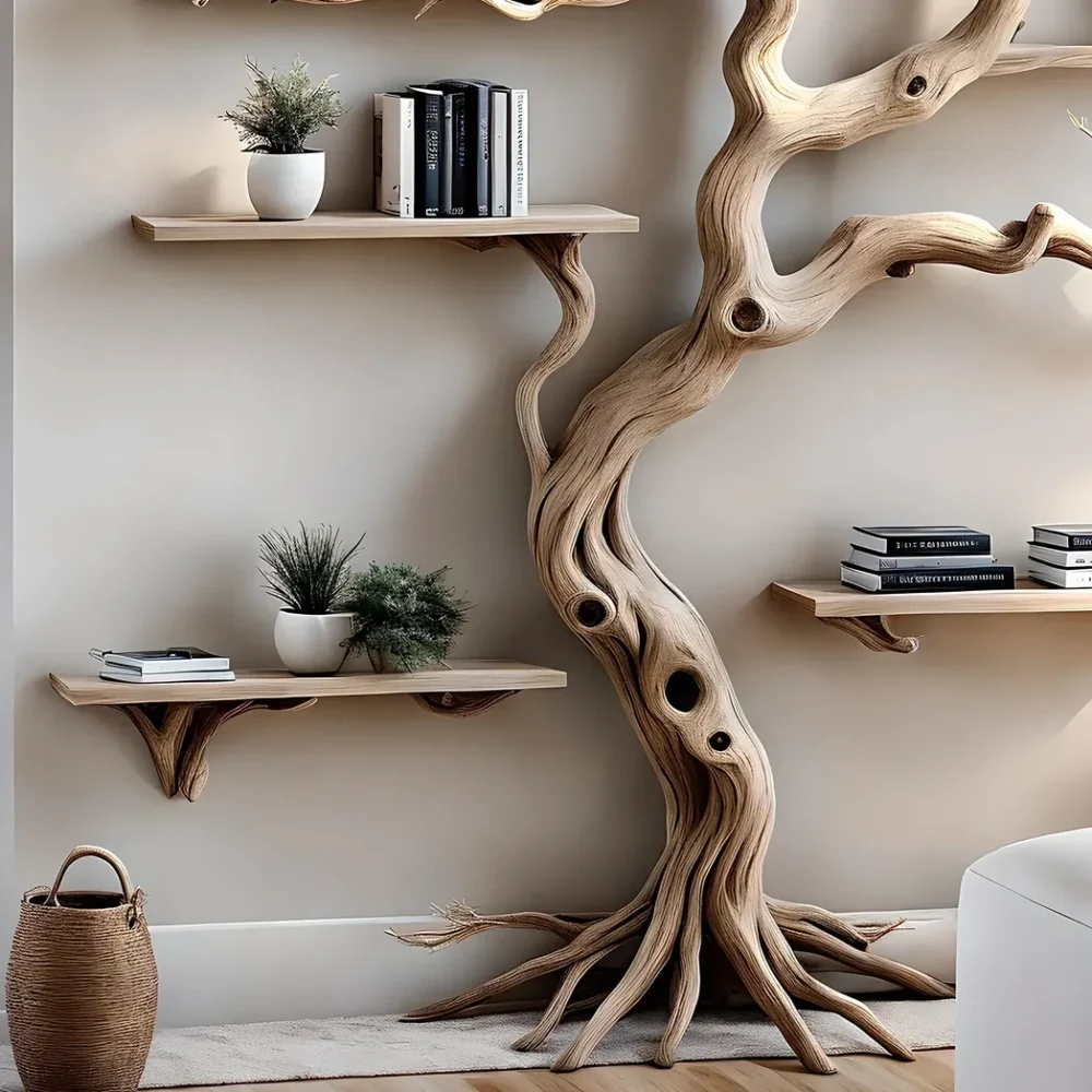Handmade tree branch bookshelf, natural wood, preschool bookshelf, children's room bookshelf, solid wood floating shelf - Image 2