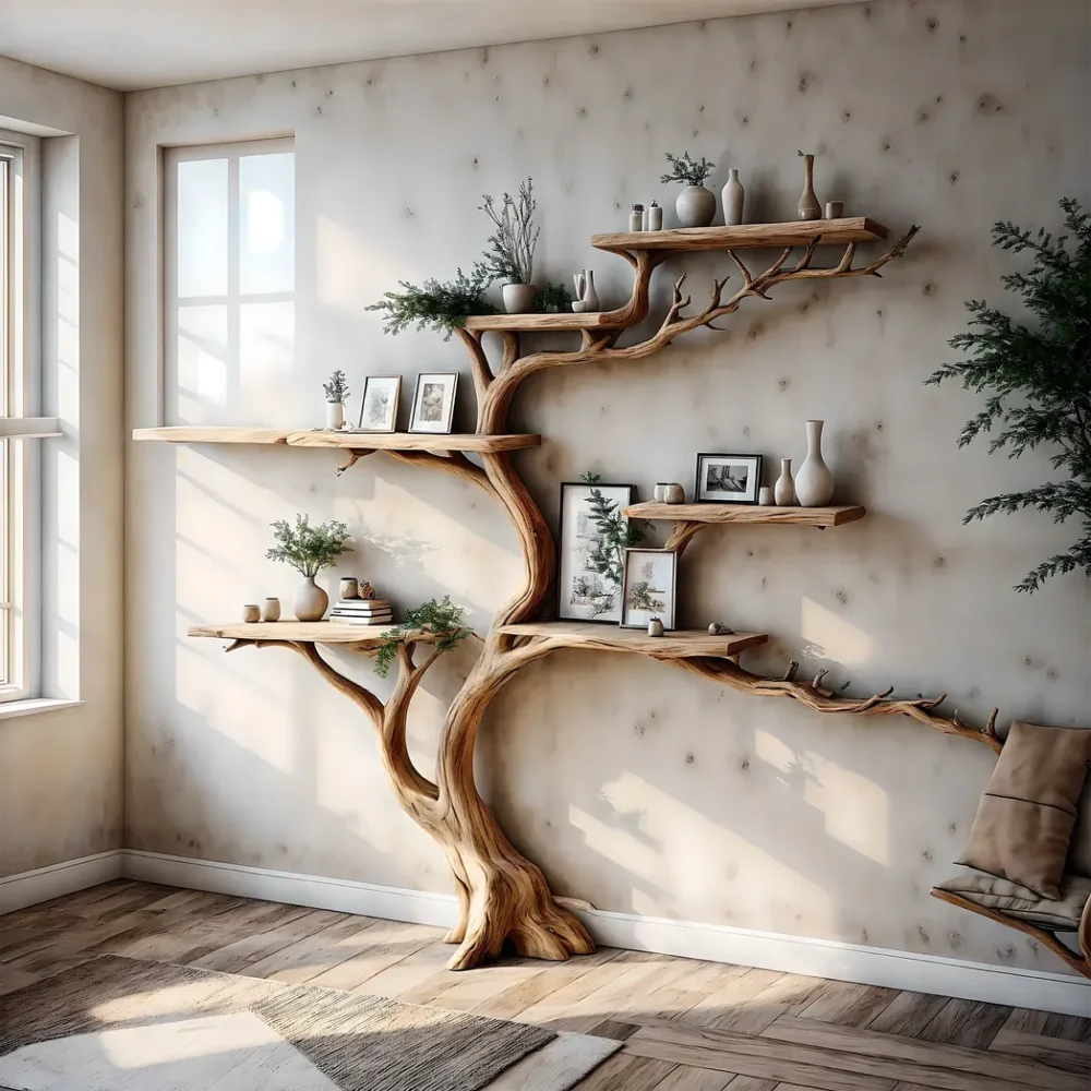 Natural wooden decorative bookshelf, tree-shaped bookshelf, solid wood bookshelf, handmade bookshelf