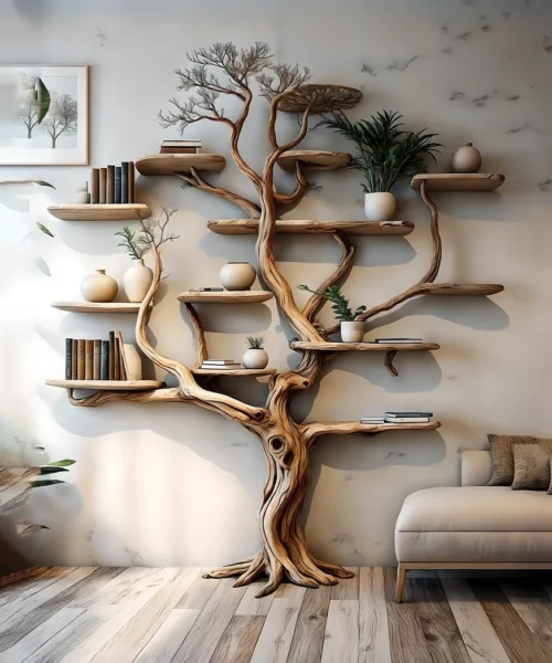 Handmade wooden tree branch bookshelf from solid natural wood, floating shelf, children's room decoration