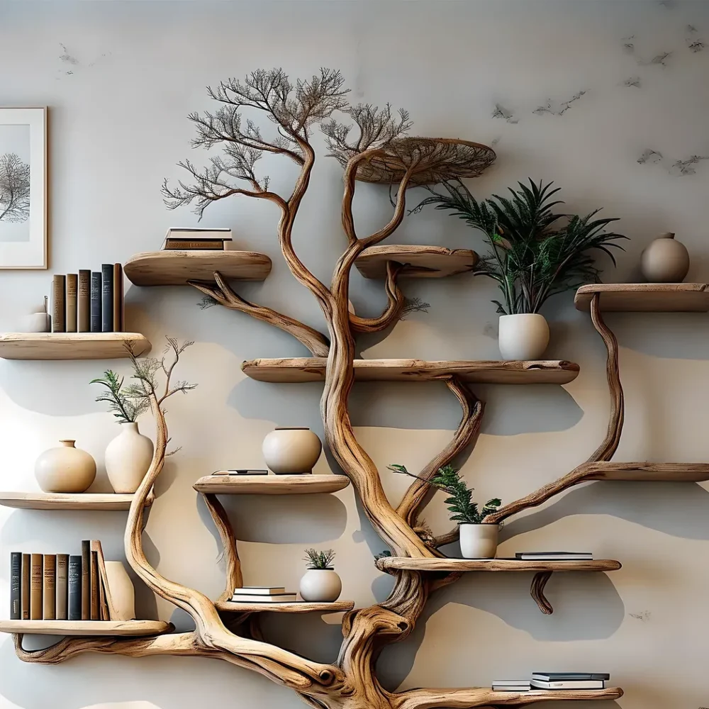 Handmade wooden tree branch bookshelf from solid natural wood, floating shelf, children's room decoration - Image 2