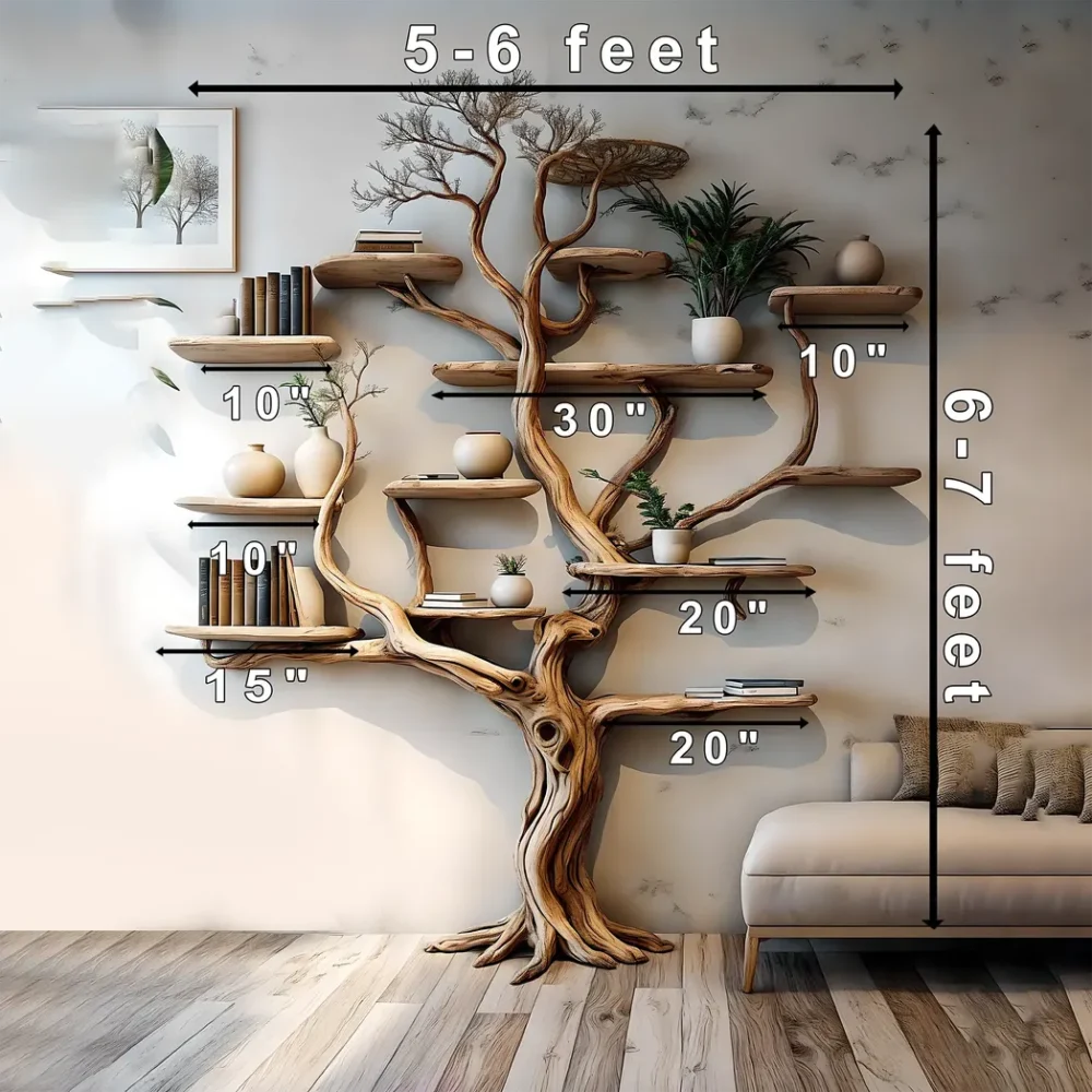 Handmade wooden tree branch bookshelf from solid natural wood, floating shelf, children's room decoration - Image 3