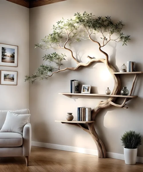 Driftwood tree-shaped bookshelf used to decorate living room, balcony
