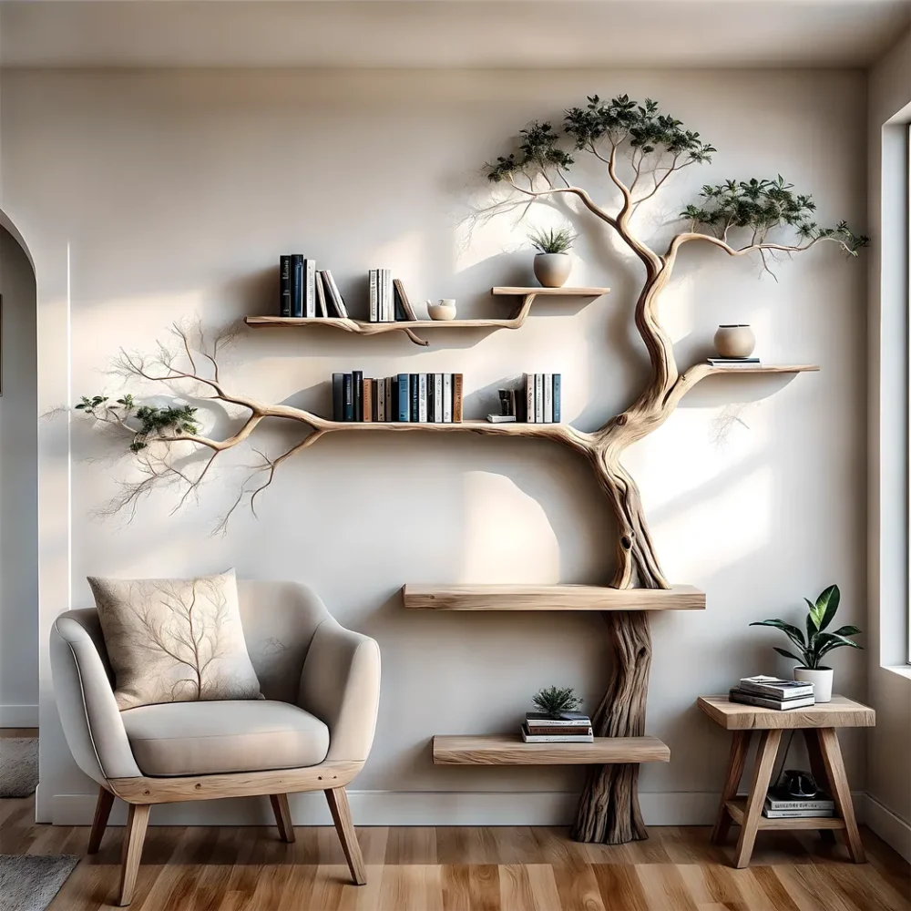 Handmade Wall-Mounted Tree Branch Bookshelf Solid Wood for Interior Decoration
