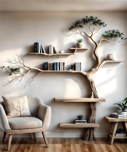 Handmade Wall-Mounted Tree Branch Bookshelf Solid Wood for Interior Decoration