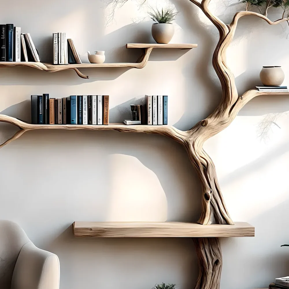 Handmade Wall-Mounted Tree Branch Bookshelf Solid Wood for Interior Decoration - Image 2