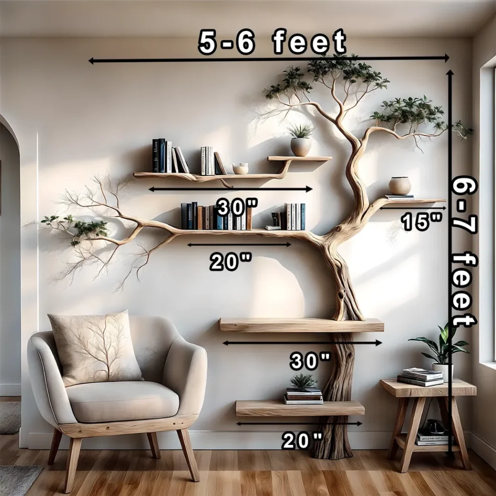 Handmade Wall-Mounted Tree Branch Bookshelf Solid Wood for Interior Decoration - Image 3