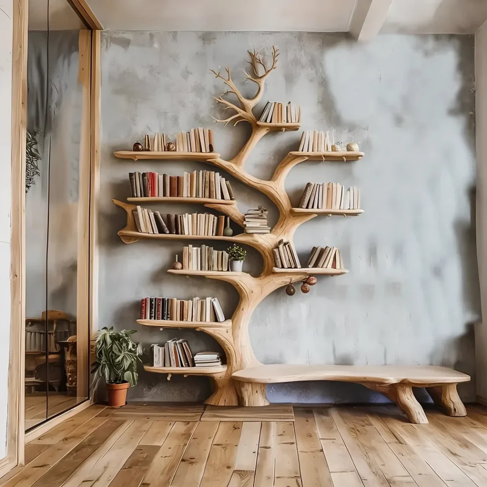 Floating shelves made of driftwood and solid wood, modern design