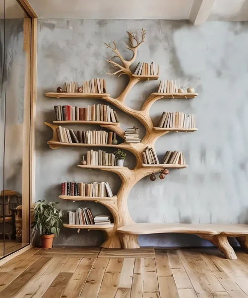 Floating shelves made of driftwood and solid wood, modern design