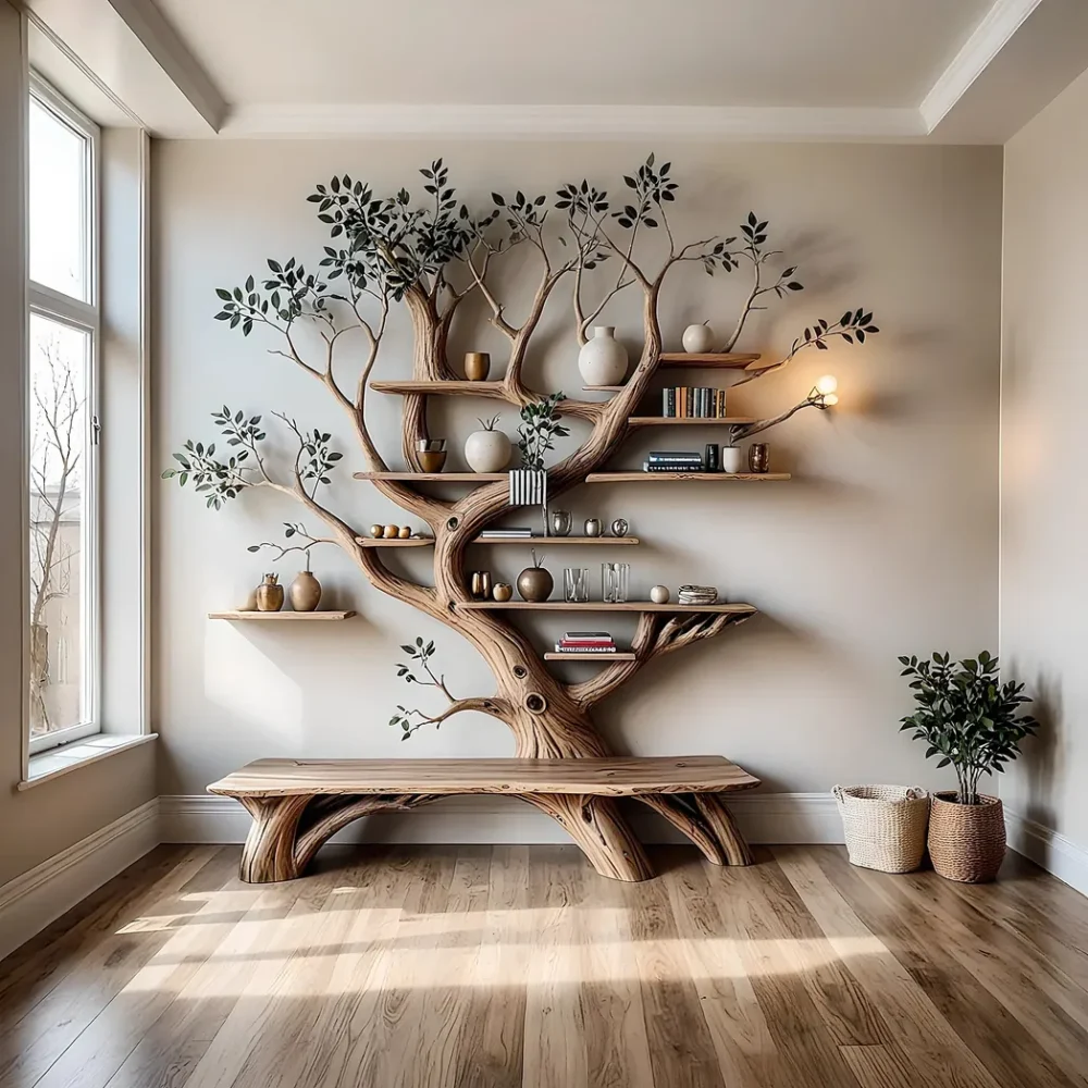 Modern bookshelf, handmade tree shaped bookshelf made of solid natural wood