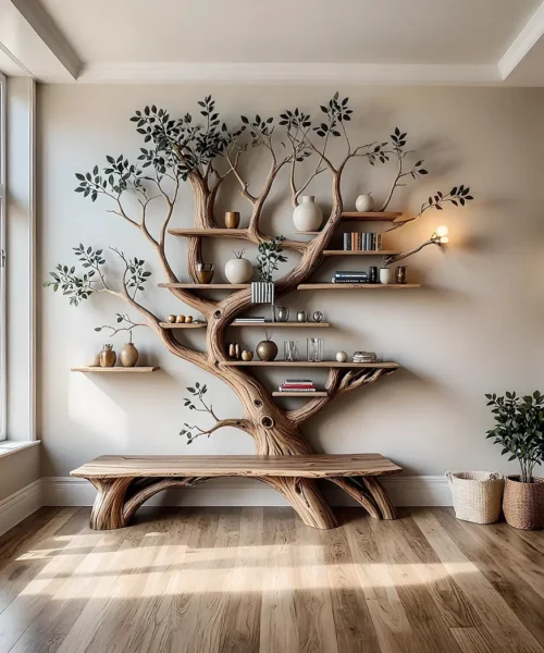 Modern bookshelf, handmade tree shaped bookshelf made of solid natural wood