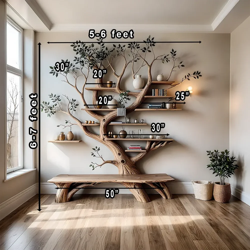 Modern bookshelf, handmade tree shaped bookshelf made of solid natural wood - Image 4