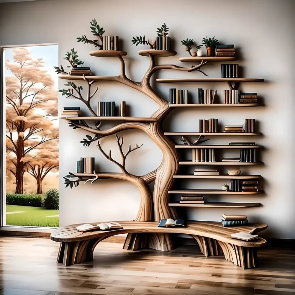 Handcrafted tree-shaped bookshelf combined with multifunctional reading stand