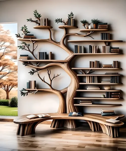 Handcrafted tree-shaped bookshelf combined with multifunctional reading stand