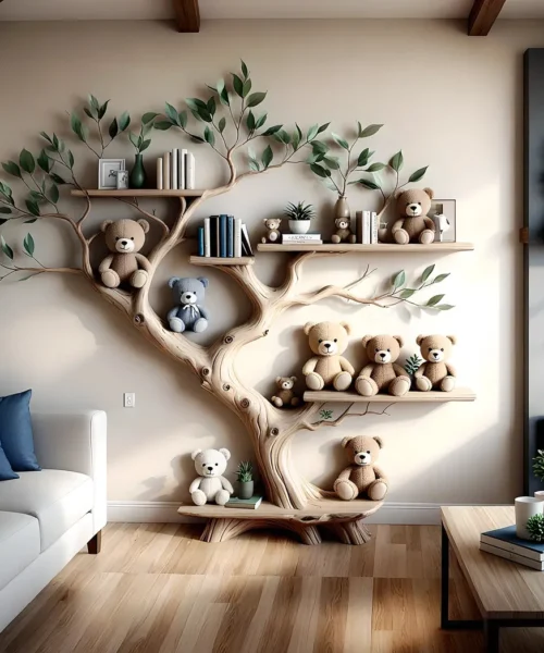 Green tree-style bookshelf for children's room space - Exquisite wooden furniture