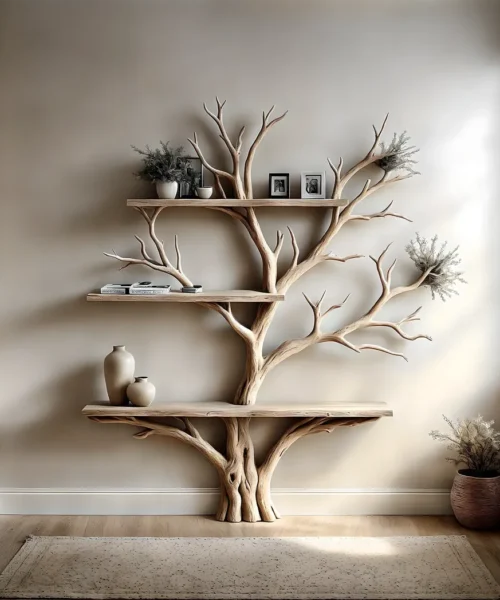 Bookshelf, table, floating shelf, living tree branch shelf next to floating shelf, solid wood bookshelf, gift for that person