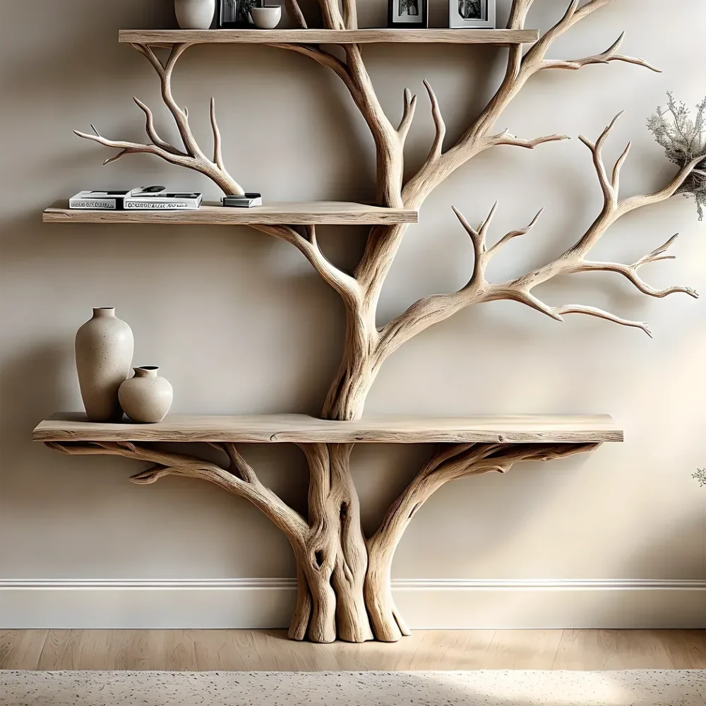 Bookshelf, table, floating shelf, living tree branch shelf next to floating shelf, solid wood bookshelf, gift for that person - Image 2