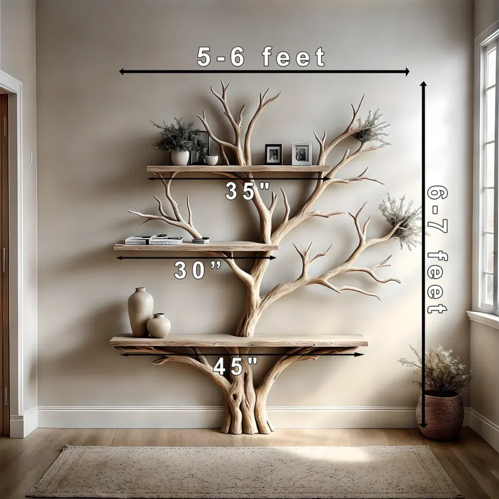 Bookshelf, table, floating shelf, living tree branch shelf next to floating shelf, solid wood bookshelf, gift for that person - Image 3
