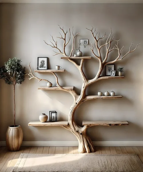 Decorative bookshelf, tree branch floor, wall-mounted, solid wood interior, home decoration, gift