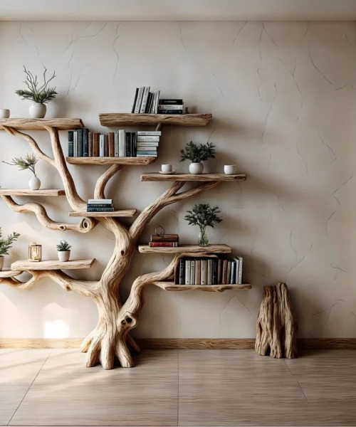 Bookshelf made of pine branches, Natural wood, Children's bookshelf, Decorative library