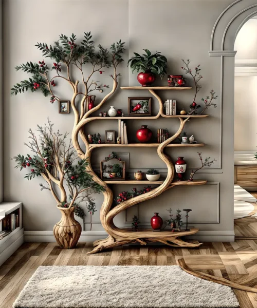 Decorative shelf in natural tree shape, solid wood, living room decoration