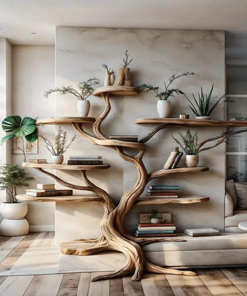 Decorative bookshelf, tree-shaped bookshelf, solid wood bookshelf, floating shelf, interior decoration
