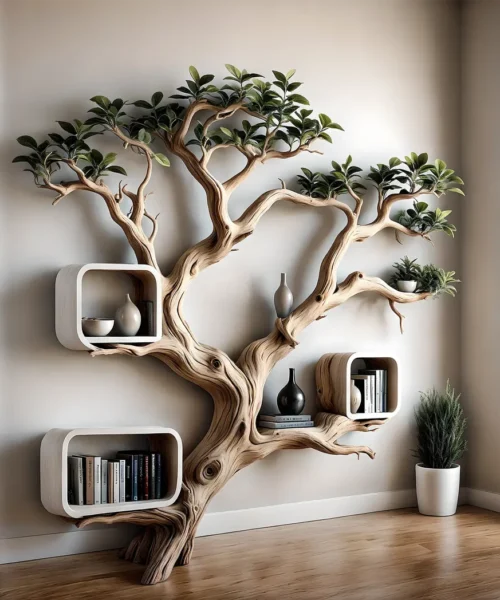 Driftwood bookshelf, tree-shaped bookshelf, solid wood bookshelf, decorative bookshelf