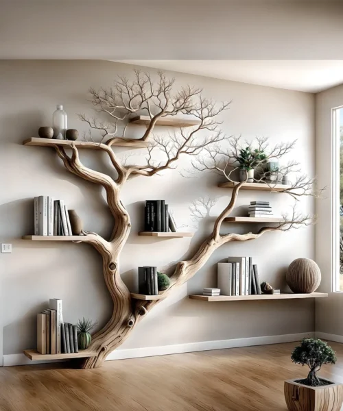 Decorative shelf made of natural driftwood, 100% handmade, solid wood, tree-shaped bookshelf, gift