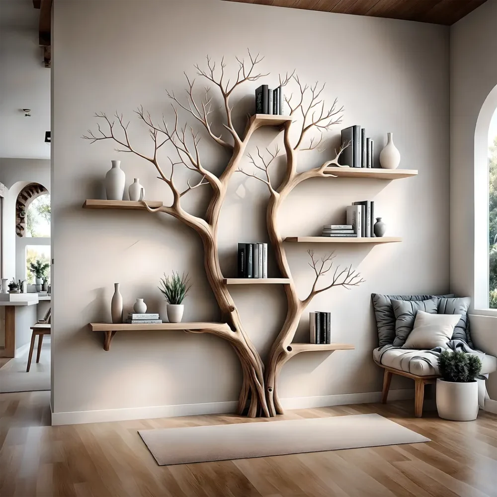 Bookshelf shaped like a tree with 2 branches, bookshelf shaped like a perennial wooden tree, living room decoration
