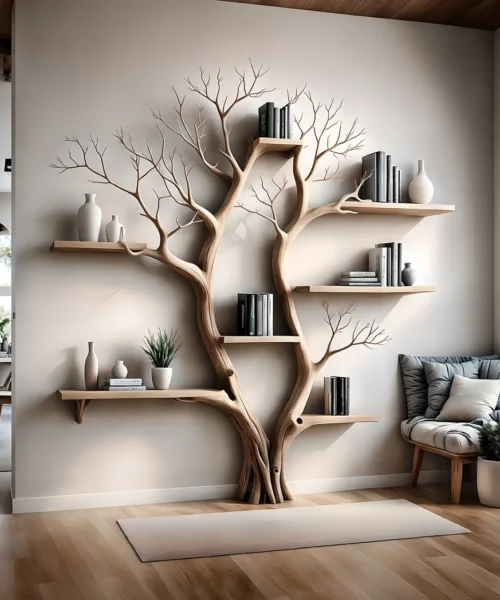 Bookshelf shaped like a tree with 2 branches, bookshelf shaped like a perennial wooden tree, living room decoration