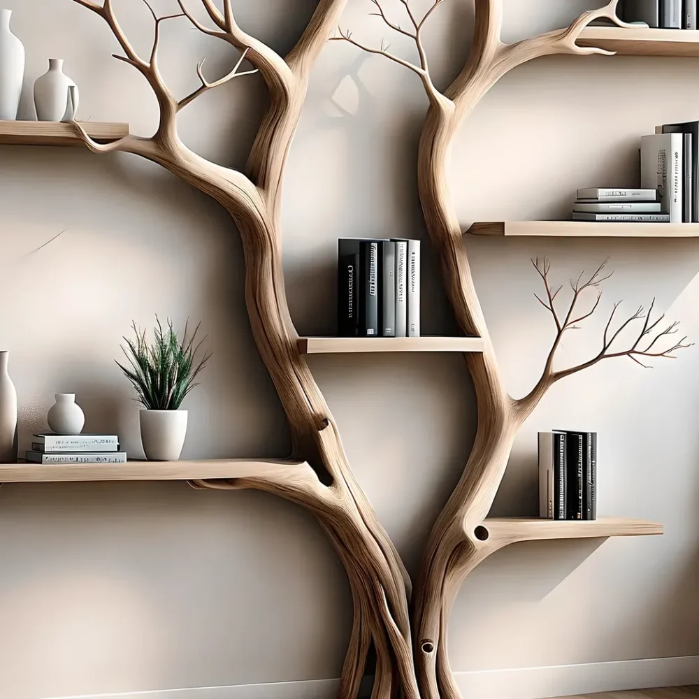 Bookshelf shaped like a tree with 2 branches, bookshelf shaped like a perennial wooden tree, living room decoration - Image 2
