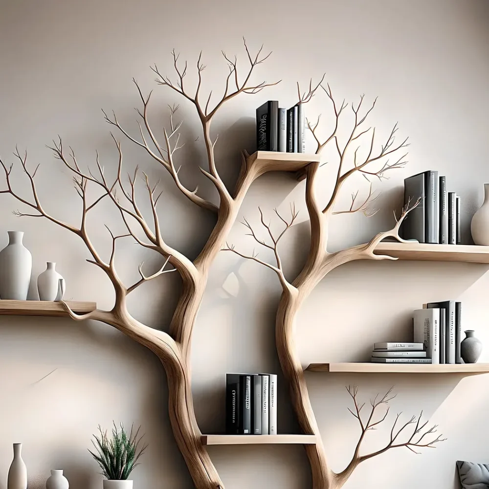 Bookshelf shaped like a tree with 2 branches, bookshelf shaped like a perennial wooden tree, living room decoration - Image 3